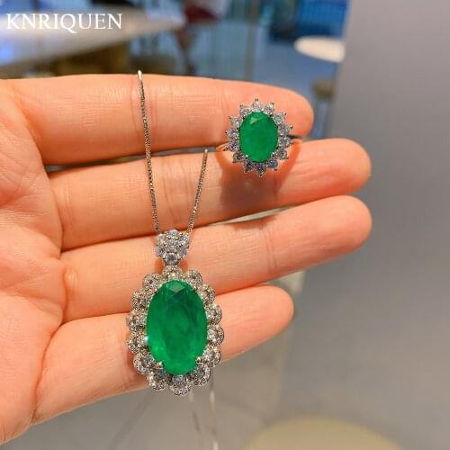 2021 New Trend 925 Sterling Silver Emerald Gemstone Rings Pendant Necklace Charms Wedding Party Fine Jewelry Sets Gift for Women