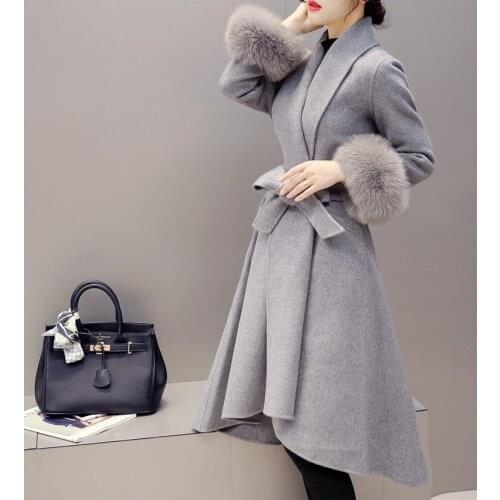 Wool Blend Coat Women Slim Long Jacket Casual Woolen Solid Outwear Elegant Detachable Fur Overcoat Fashion Female Coat Plus Size