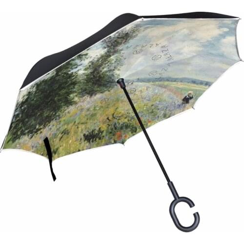 Monet Oil Painting Umbrella Poppy Fields Near Argenteuil Women Rain Reverse Umbrella Windproof Double Layer Inverted Umbrellas