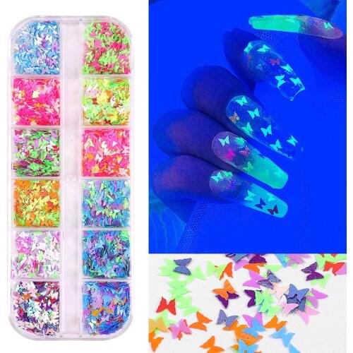 1Box Laser Symphony Star Butterfly Fluorescence Nail Sequin Mixed Colors 3D Holo Glitter Flakes Sticker DIY Nail Art Decorations