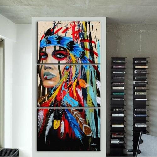 3 Panels Indian Woman Canvas Art Paintings On The Wall Posters And Prints Girl With Feather Wall Art Canvas Prints Home Decor