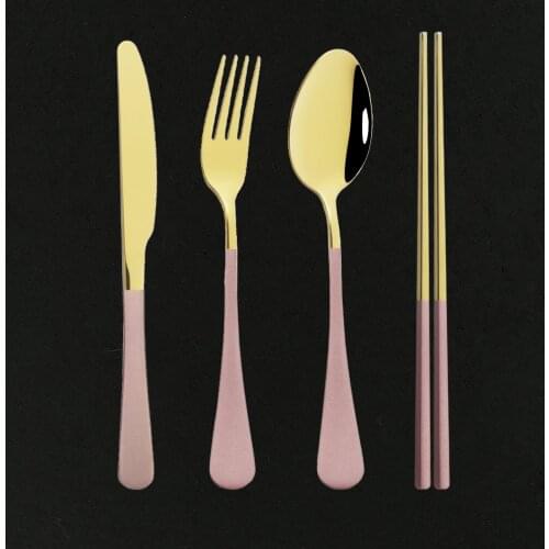 4Pcs/Set Pink Gold Dinnerware Set Stainless Steel Travel Camping Cutlery Set Reusable Flatware Knife Spoon Fork Chopsticks Set