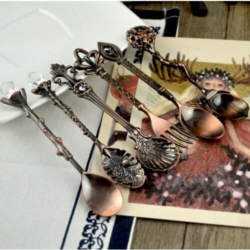 6pcs/set Vintage Royal Style Bronze Carved Small Coffee Tools Tableware Cutlery Kitchen Dining Bar Tools SN2300