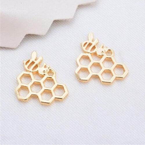 Julie Wang 4PCS Honeycomb Charms Hollow Hive Small Bee Insect Gold Color Pendant Bracelet Jewelry Making Accessory