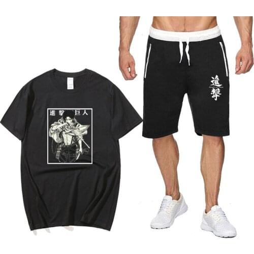 Japanese anime Attack on Titan 2021 summer new mens fashion loose casual sportswear two piece t-shirt mens sportswear