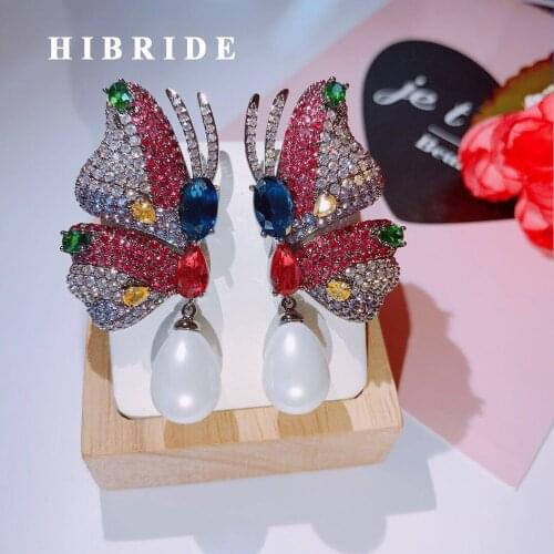 HIBRIDE Trendy Butterfly Shape AAA Cubic Zirconia Big Stud Earrings Long Pendant Wedding Party Asymmetric Fashion Jewelry E-551
