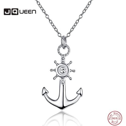 JQUEEN 925 Sterling Silver Anchor and rudder pendant Necklace Cross Chain Women Necklace