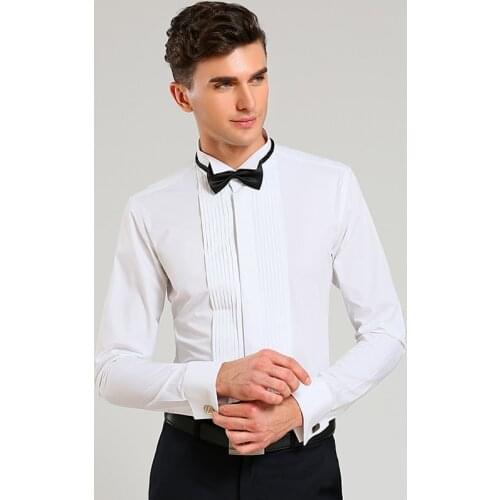 Classic Winged Collar Dress Shirt Mens Wingtip Tuxedo Formal Shirts with Red Black Bow Tie Party Dinner Wedding Bridegroom Tops