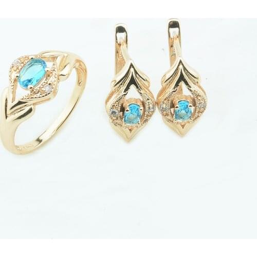 Fashion Jewelry Women Ladies Blue Stone Cubic Zircon Jewelry Set Fashion Flowers Shaped 585 Gold Color Earring+Ring Sets