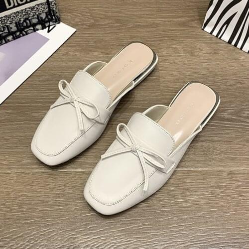 WEIBATE Solid Color Bow Mules Slippers Women Summer 2021 Slip on PU Leather Shoes Woman Square Toe Low Heels Casual Slides 35-43
