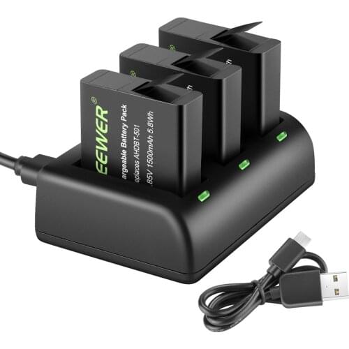 Neewer Battery Charger Set For GoPro Hero 8/Hero 7/Hero 6/Hero 5 Black/Hero( 1500mAh AHDBT-501 Replacement Battery, USB Charger)