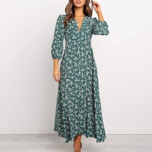 New European and American Spring and summer Retro Small Floral Lantern Long Sleeve Button High Waist Dress