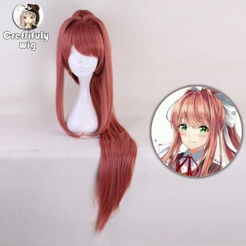 New Anime Doki Doki Literature Club Monika Wigs DDLC 100cm Long Heat Resistant Synthetic Hair Perucas Cosplay Wig + Wig Cap