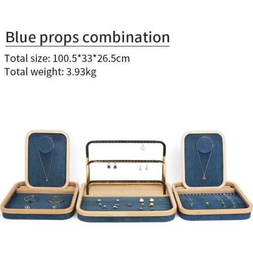 New Blue Metal Earring Bracket And Solid Wood Microfiber Jewelry Display Tray For Femal Earring Pendent Bracelet Showcase Holder