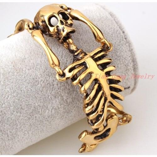 Punk Style Jewelry Skull Bones Bracelet Stainless Steel Gold 35MM Wide Link Chain Mens Charm Bracelets
