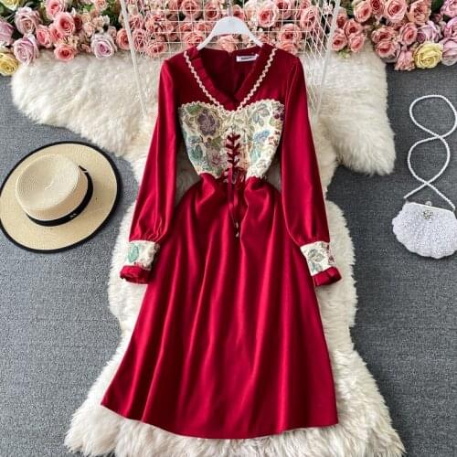 Color Block Embroidery summer woman dress V Neck High Waist dresses for women Full Sleeves Twill Loose Fit vestidos 2021