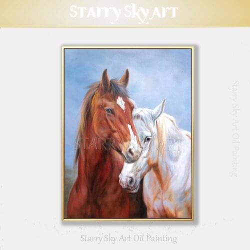 Gifted Artist Hand-painted Animal 2 Horses Oil Painting on Canvas Realist Impressionist 2 Horses Oil Painting for Living Room