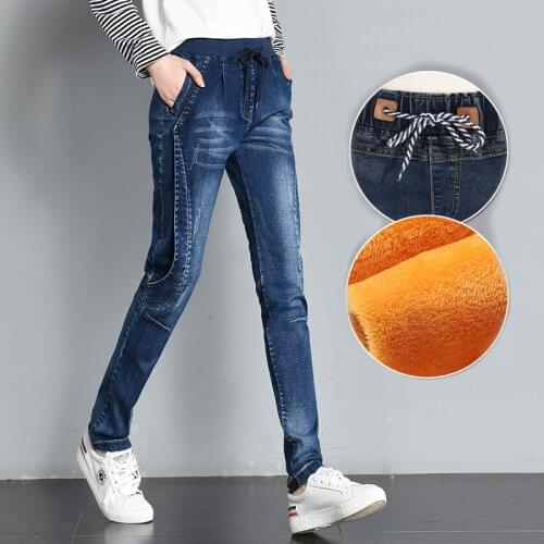 Plus Size Women Elastic High Waist Velvet Jeans Pants Winter Cashmere Warm Fleece Jeans For Female Lace Up Denim Trousers 5XL