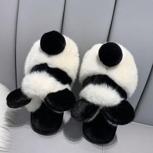 Cute Cartoon Panda House Women Fur Slippers Indoor Bedroom Girl Fluffy Shoes Winter Warm Plush Parent-Child Floor Animal Slides