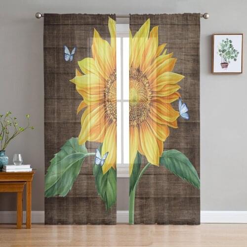 Sunflower Flower Butterfly Wood Grain Tulle Curtain Voile Transparent for Bedroom Living Room Kitchen Sheer Window Curtains