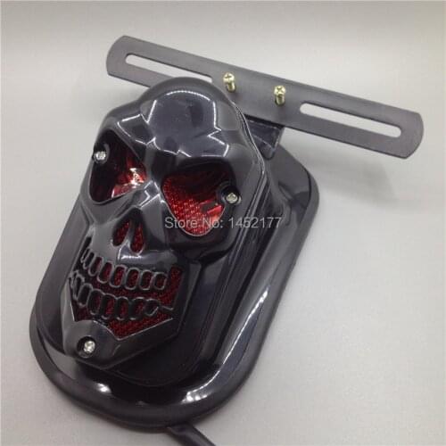 Yecnecty Universal Motorcycle Tail Light For Cafe Racer,12V Black Skull Lamp Parts Motos Brake Light For Chopper Harley Davidson