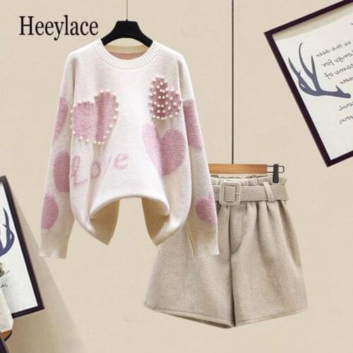Newest Lazy Sweater Two Piece set Women Sweet Heart-shaped beaded Pullover Jumper Top + Shorts Suits 2 Piece Knit Outfits Female