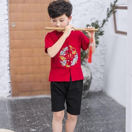 Kids Boys Clothing Sets Chinese Style Happy New Year Kids Short Sleeve T-shirts+ Shorts 2pcs Suit Children Outfits
