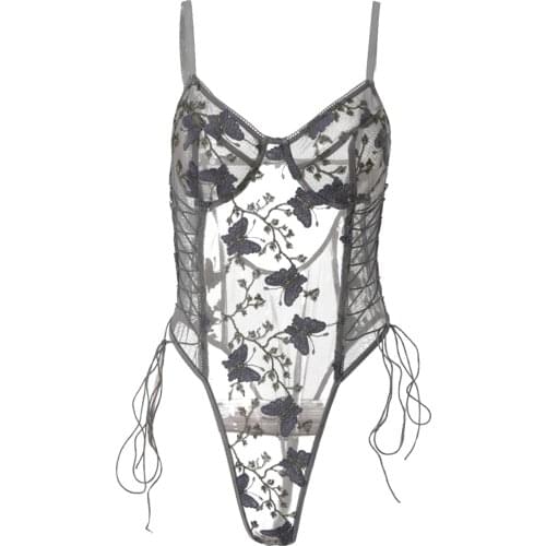 Women Floral Nightwear, Sleeping Bodysuit, V-Neck See-Through High Waist Bandage Butterfly Embroidery Romper