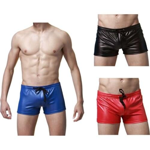 2017 Exclusive Hot Sexy Underwear Male Boxers Faux Leather Latex Short Boxer Wetlook Lace-up Jockstrap Fetish Gay Men Underwear