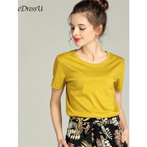 Best Quality Cotton T shirt Women Basic Tees 2020 Summer Short Sleeves Top Tshirt Casual Daily Office Wear eDressU OE-1902