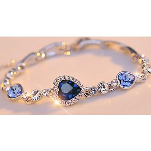 Exquisite Jewelry Heart Crystal Charms Bracelet Gift For Women Ocean Blue Crystal Rhinestone Chain Bracelets Gift