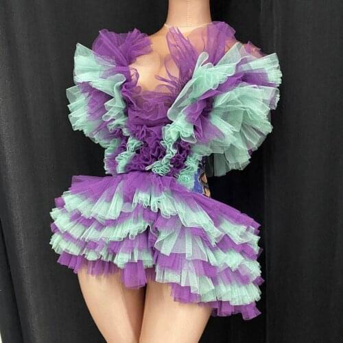 Lovely Mesh Tiered Tutu Dress Women Fashion Birthday Party Ruffles Short Dress Nightclub Dancer Singer Stgae Performance Clothes