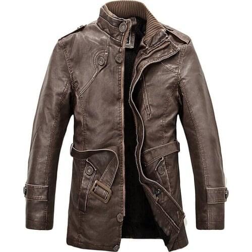 PU Leather Jacket Men Casual Long Inner Wool Stand Collar leather Jackets outdwear Trench parkas mens leather jackets and coats