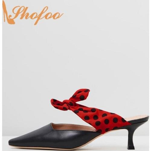 Sweet Black White Butterfly-Knot Polka Dot Kitten Heels Sandals Woman Pointed Toe Large Size 11 12 Ladies Shoes Elegant Fashion