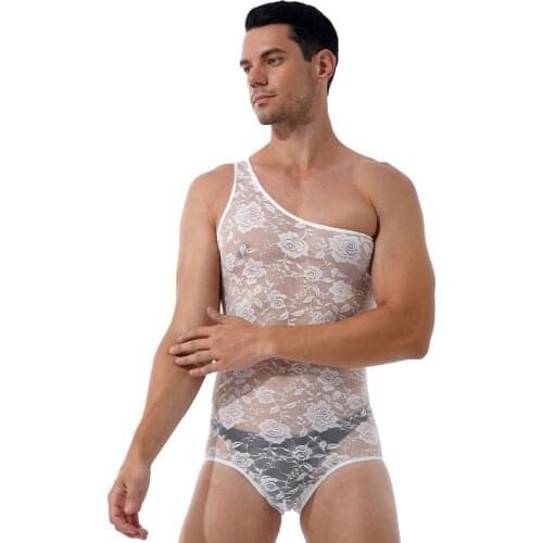 Men Exotic Tanks Flower Lace Sheer Bodysuit Round Neck Sleeveless Leotard See-through Skinny Jumpsuits Nightwear Sexy Lingerie