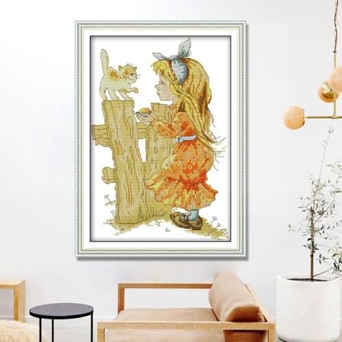 Blonde Girl and Cat Pattern Cross Stitch Kit DMC Embroidery Kit Chinese Needlework Embroidery Crafts Home Decoration Painting