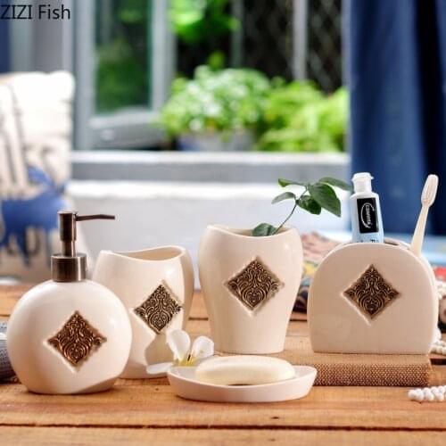 5pcs/Set Ceramics Bath Accessories Kit Cups Toothbrush Holder Soap Dish Minimalist Household Bathroom Supplies