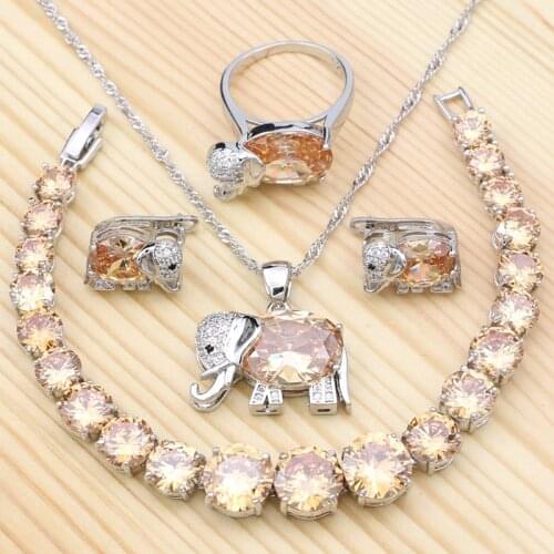 925 Silver Jewelry Kits Champagne Cubic Zirconia For Bride Wedding Elephant Pendant Bracelet Ring Earring Necklace Set