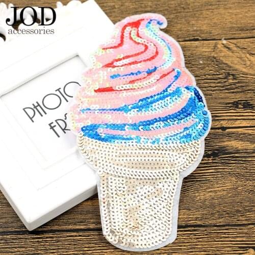 JOD Fashion Large Bright Sequin Cloth Ice Cream Embroidery Patches Sewing Applications Stickers for Clothes T-shirt Chest