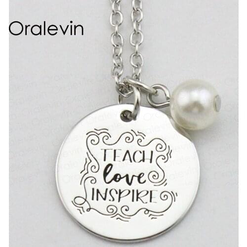 TEACH LOVE INSPIRE Inspirational Hand Stamped Engraved Custom Pendant Female Chain Necklace Fashion Jewelry,10Pcs/Lot, #LN2132