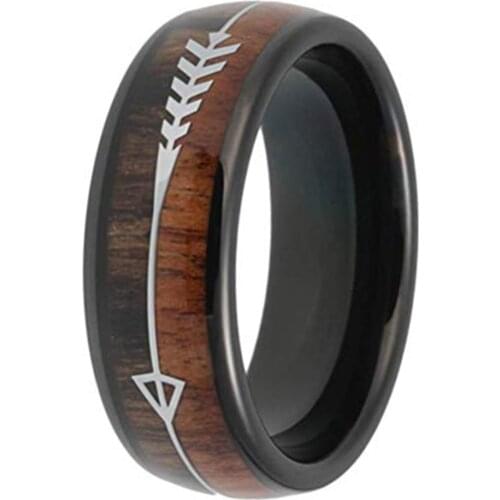 New 6mm/8mm Width Black Tungsten Engagement Rings Set Inlay Two Woods and Arrow Dome Edge for Best Gift Size 6-13 Can Engrave