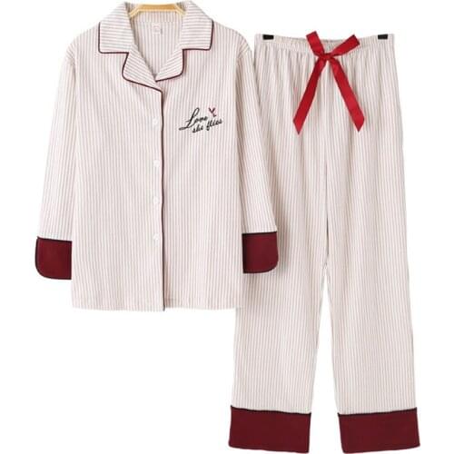 Autumn Fashion Cotton Pajamas Set Women Turn-down Collar Long Sleeve Tops Pants Casual Stripe Female Home Clothes Plus Size