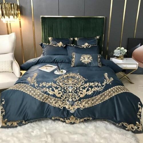 Luxury Dark Blue Washed Silk/Cotton Royal Golden Embroidery Palace Bedding Set Duvet Cover Fitted Bed Sheet Linen Pillowcases