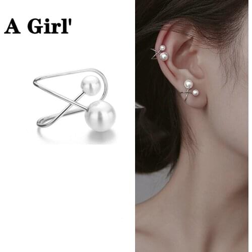 A Girl' Single Cross Clip Earrings For Women Girls Asymmetry Big Small Pearl Ear Cuff Clip Without Piercing Jewerly Earcuff
