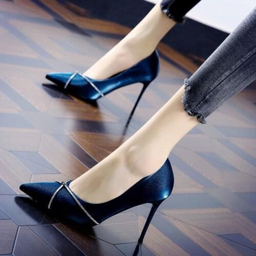 Satin pointed high heels womens spring and autumn new pointed toe stiletto banquet dress single shoes sapphire blue high heels