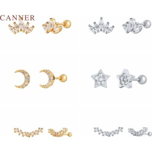 CANNER 1PC Real 925 Sterling Silver Earrings For Women Crown Thread Stud Earrings Moon Stars Single Row Zircon Diamond Jewelry
