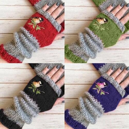 Women Winter Knitted Fingerless Gloves Bird Embroidered Color Block Splice Half Finger Mittens Outdoor Driving Thumb Hole