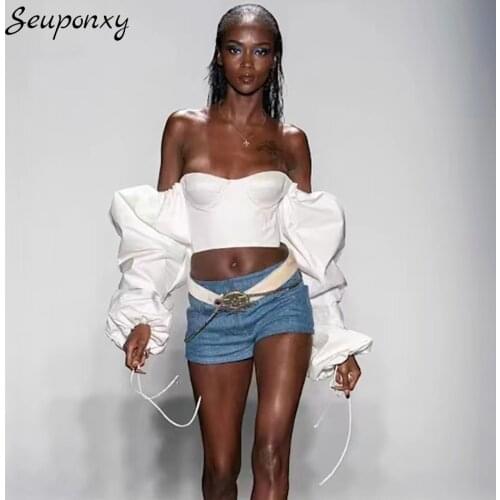High Quality Elegant Womens White Slim Short Top 2021 Summer New Sexy Off Shoulder Puff Sleeve Celebrity Club Party Top
