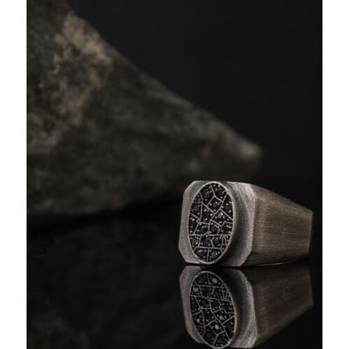 Dark Blue Zircon 925 Silver Engraved Traditional Handmade Turkish Signet Ring Jewelry Gift for Women Men