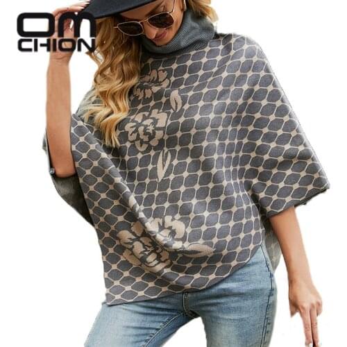 OMCHION Pull Femme 2021 Fall Winter New Flower Cloak Women Casual Half Sleeve Turtleneck Ponchos Casual Shawl Sweater Coat QD28